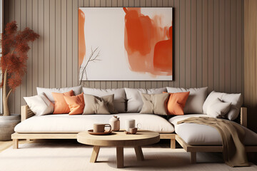 Scandinavian Serenity Modern Living Room with Round Coffee Table, White Corner Sofa, and Artful Terra Cotta Accents. created with Generative AI