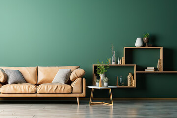 Elegant Living Room with Leather Sofa and Stylish Decorations against a Sophisticated Dark Green Wall Background. created with Generative AI