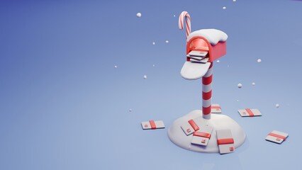 Cute 3d render Christmas mail box full of mails in snow background.