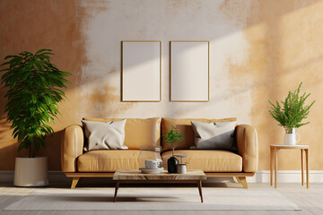 Design Your Dream Space Living Room Wall Mockup with Leather Sofa and Decor on Cream Color Plaster Wall Background. created with Generative AI