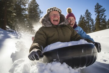 Older people friends riding on snow tubing from the hill with funny emotions