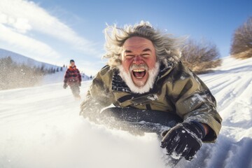 Older people friends riding on snow tubing from the hill with funny emotions
