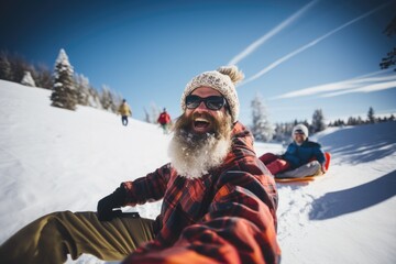 Older people friends riding on snow tubing from the hill with funny emotions - obrazy, fototapety, plakaty