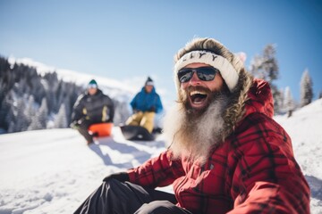 Older people friends riding on snow tubing from the hill with funny emotions - obrazy, fototapety, plakaty