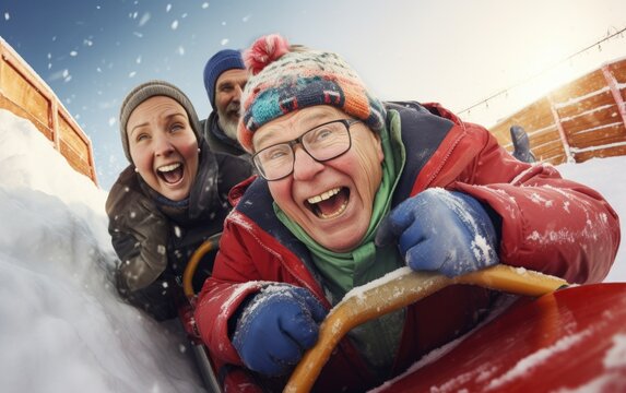 Older people friends riding on snow tubing from the hill with funny emotions