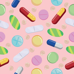Many different pills on pink background. Pattern for design