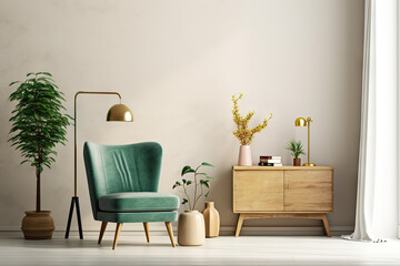 Warm and Inviting Wall Mockup in Soothing Tones with Green Armchair and Minimalist Decor. created with Generative AI