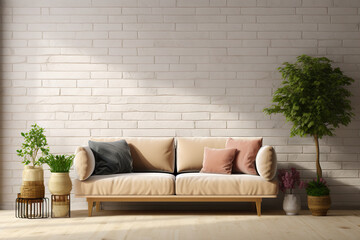 Design Your Space Interior Living Room Wall Mockup with Brown Sofa and Decor against a Tiled Wall Background. created with Generative AI