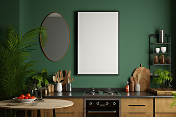 Elevate Your Culinary Space Mock Up Poster Frame in a Kitchen Interior with Accessories Against a Dark Green Wooden Slatted Wall Background. created with Generative AI