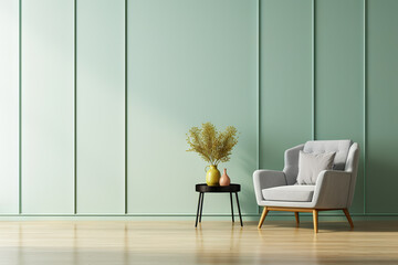 Tranquil Elegance Room Interior with Green Armchair on an Empty White Wall Background. created with Generative AI