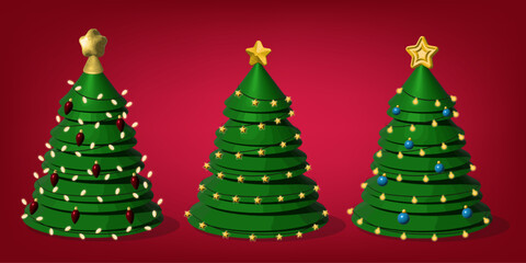 Set of Christmas trees on red background
