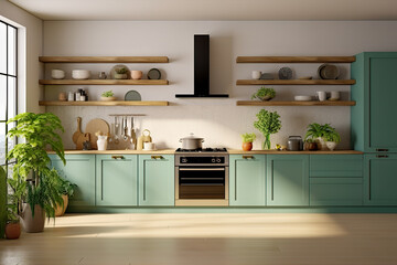 Simplicity in Green Minimal Kitchen Interior Design for Contemporary Living. created with Generative AI
