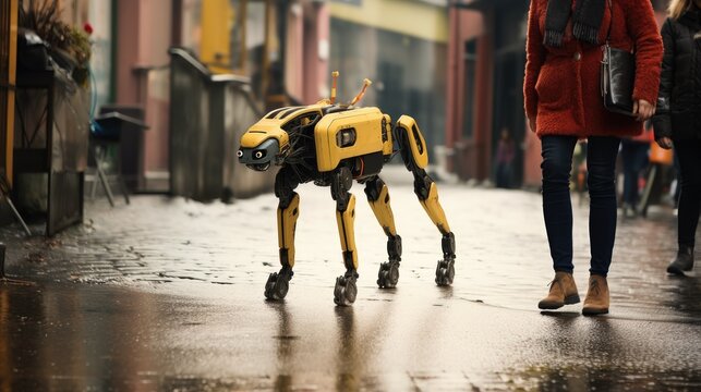 Woman walk with high technology robot dog on the city street © kozirsky