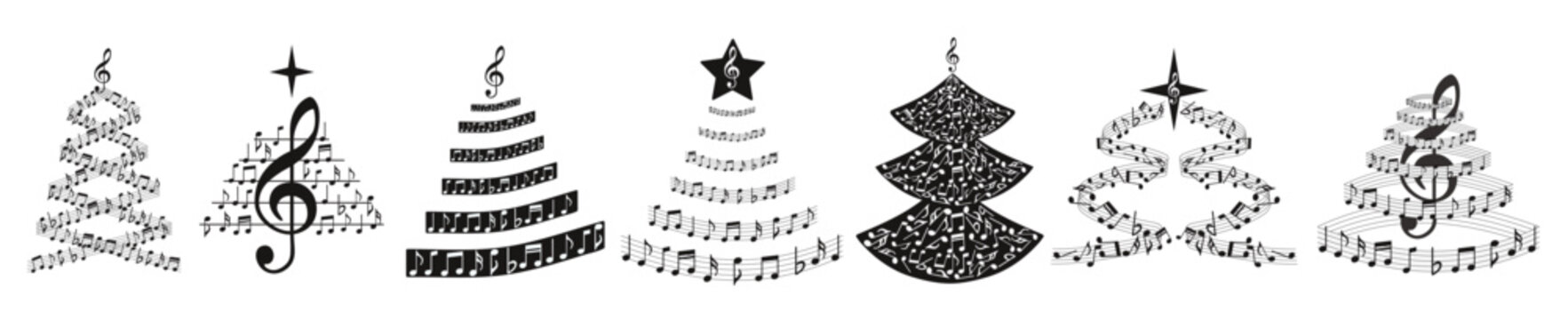 Set of Christmas trees made of music note signs on white background