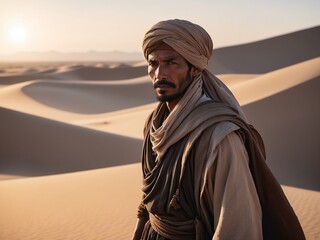 Nomad Man Gazing Over Desert Dunes at Sunset