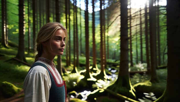 Norwegian Woman in Traditional Dress in Sunlit Forest