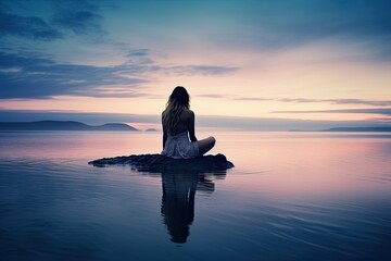 Fototapeta premium Solitary Woman Meditating at Lake at Sunset