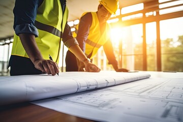 Construction Workers Examining Blueprints at Site