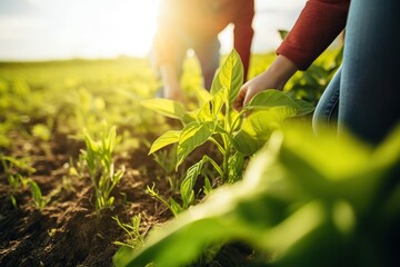 Farmers Tending to Young Plants in Field