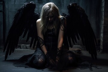 Troubled Fallen Angel with Dark Wings in Shadows