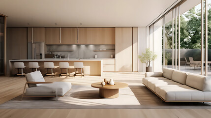 Fototapeta premium A modern minimalist home interior design with clean lines, sleek furniture, and neutral color palette, featuring an open-concept living space connected to a spacious kitchen, bathed in natural light
