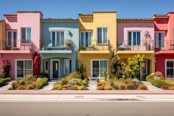 Urban Diversity Vibrant Condominium and Hotel with Balconies, Adorned by Colorful Stucco Finish Traditional Private Townhouses. created with Generative AI