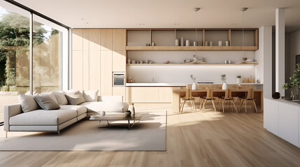 A modern minimalist home interior design with clean lines, sleek furniture, and neutral color palette, featuring an open-concept living space connected to a spacious kitchen, bathed in natural light