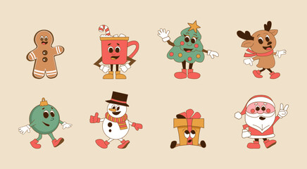 Set of Christmas stickers on beige background