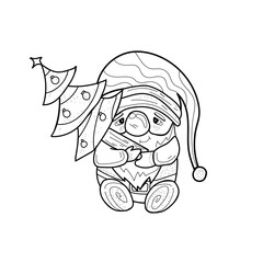 Cute drawn New Year gnome with Christmas tree on white background