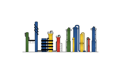 Refinery color drawing showing crude oil distillation and gas processing units with vessels, columns, piping, and catwalk