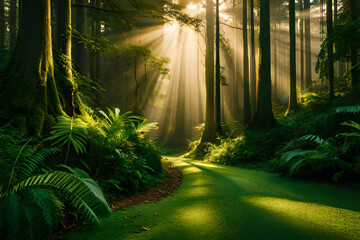 Forest in the morning, sun filtering through the trees