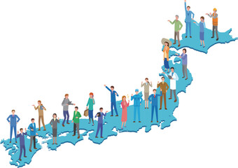 日本地図と働く人たち