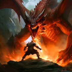D&D hero fighting a fire evil dragon illustrated using ai generative illustration