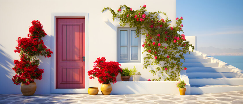  Elegant White Home With Red Door And Red Flowers - Generative Ai
