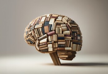 Abstract Cognitive Concept Art, Books Forming Brain Shape, Symbolizing Wisdom, Mental Exercise