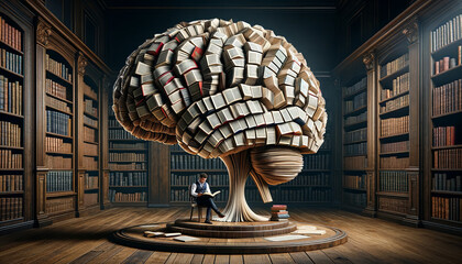 Illustration poster art of a man reading a book in a library, next to a sculpture of a brain made of books - obrazy, fototapety, plakaty