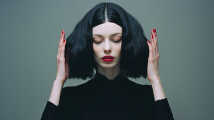 Studio portrait of a female model with pale skin and dark black hair holding her hands on both sides of her face. A medium attempting to contact the dead. Concentration.