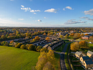 English Residential Area in Autumn, Aerial View from 120 Meters