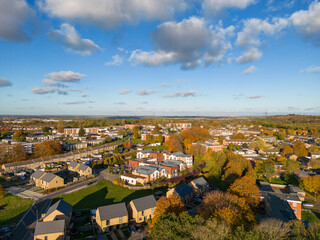 English Residential Area in Autumn, Aerial View from 120 Meters
