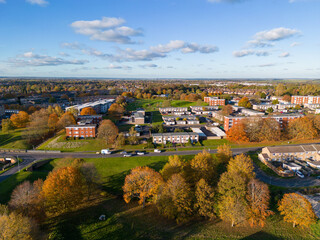 English Residential Area in Autumn, Aerial View from 120 Meters