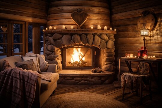 A cozy cabin living room with a roaring fireplace, adorned with heart-shaped wooden decorations and warm blankets for a snug Valentine's evening.