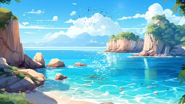 Summer view of the coastline with white sand and clear turquoise water. seamless looping time-lapse virtual video animation background. Generated Al