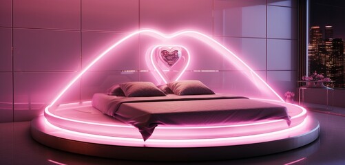 A futuristic bed with LED strip lights embedded in the frame, creating a glowing heart-shaped pattern. The room is filled with a soft pink hue.
