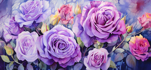 watercolor, purple pastel-colored rose garden. 