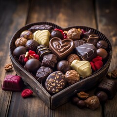 A heart-shaped box filled with assorted chocolates on a rustic wooden table.