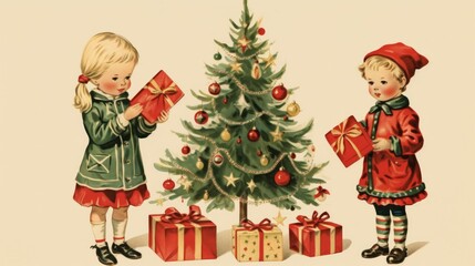 vintage card x'mas christmas tree children with gifts, ai