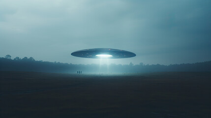 Fototapeta na wymiar Hovering above a nocturnal field, a UFO captured in a style of a random observer's perspective.