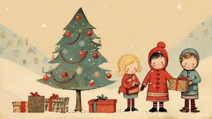 Obraz na płótnie Canvas vintage card x'mas christmas tree children with gifts, ai
