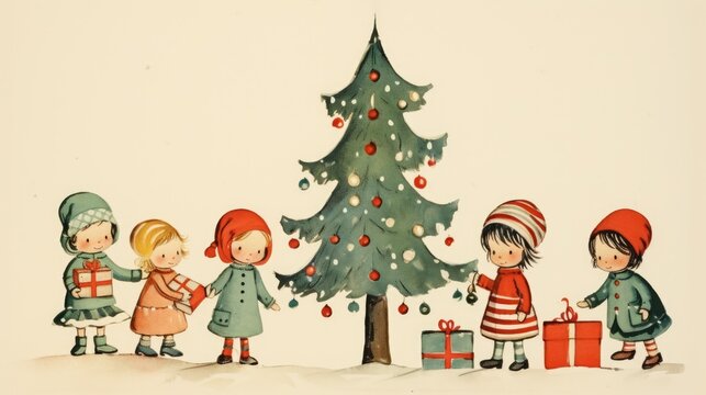 vintage card x'mas christmas tree children with gifts, ai