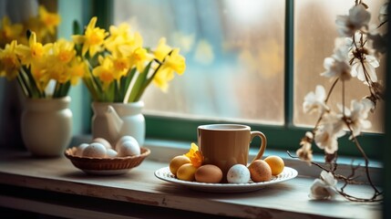 Bouquet of daffodils in a vase and eggs on the windowsill - obrazy, fototapety, plakaty